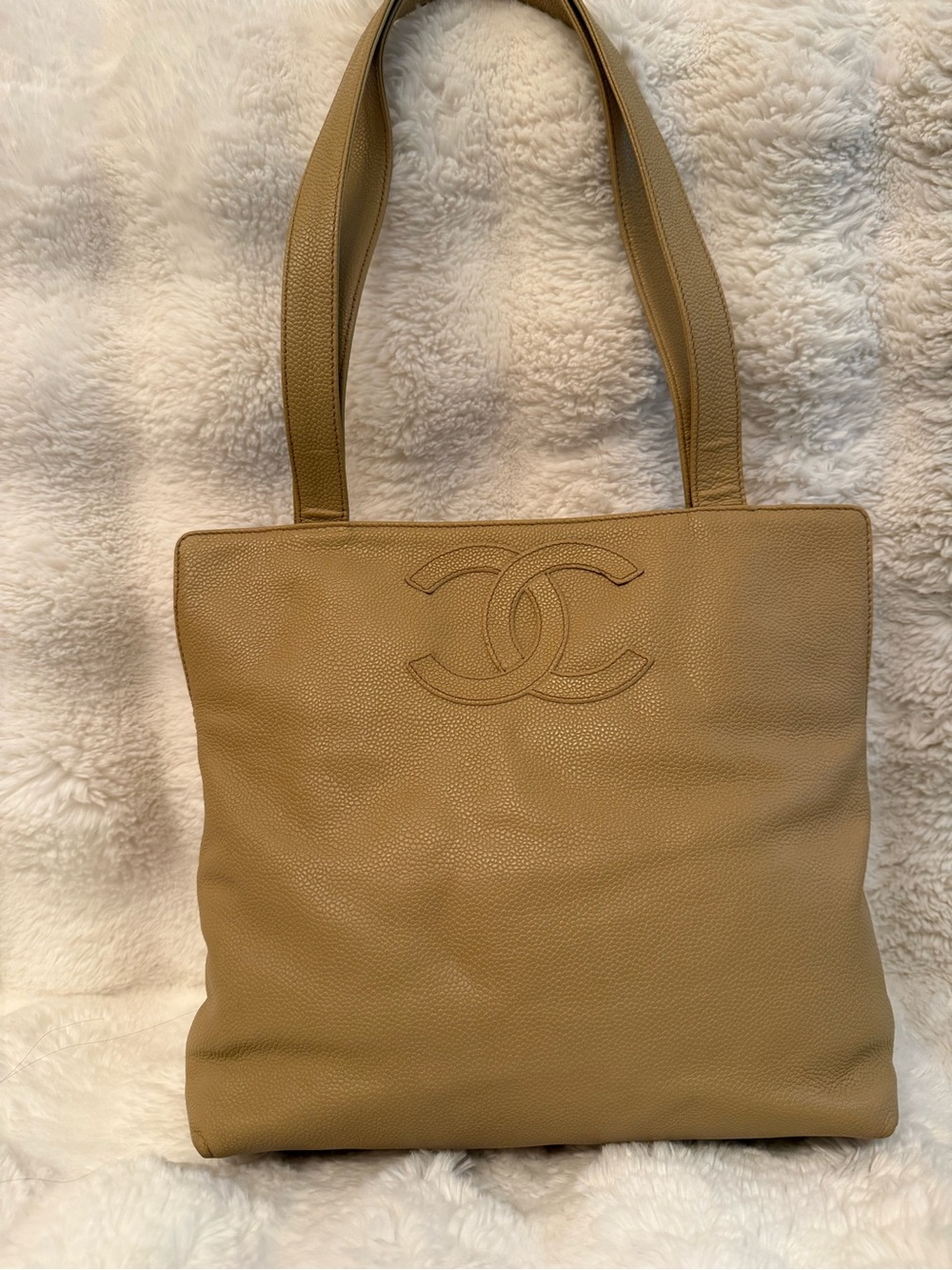CHANEL Tan Pebbled CC Leather Tote